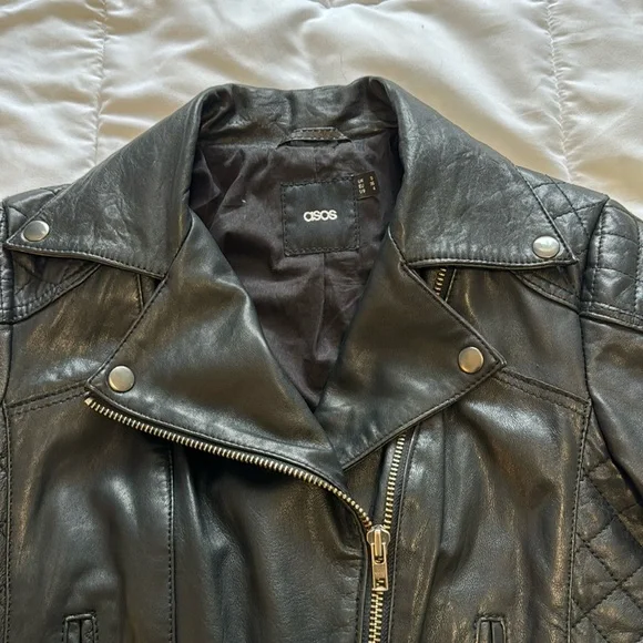 Asos Genuine Leather Moto/Biker Jacket Sz 4 quilted detailing - Picture 6 of 12